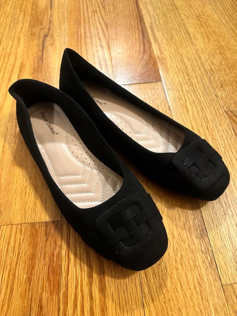 Pierre Dumas Black Suede-Look Ballet Flats with Woven Accent